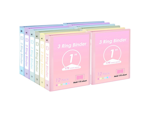 1 inch 3-Ring Binder 12 Pack Assorted Pastel Color with 2 Pockets Inside, Fits 11 x 8.5 Inch Paper with 175 Sheets Capacity, for Office, Home,...