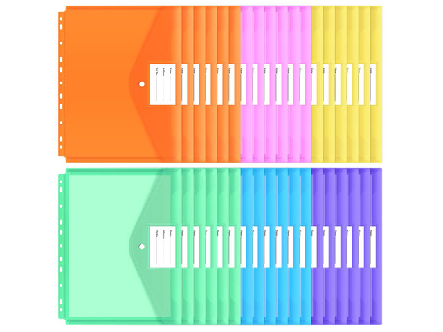 30pcs Binder Sleeves, Binder Pockets for 3 Ring, Binder Folders, 11 Holes, Letter Size, Snap Button Pouch with Label for School, Home and Office
