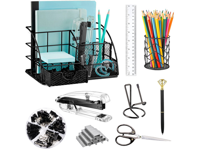 Black Desk Organizers and Accessories Office Supplies Set Stapler, Pen Holder, Phone Holder, Scissors, Pen, Ruler, 30 Paper Clips, 22 Binder Clip,...