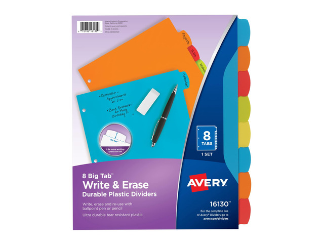 Write & Erase Plastic Dividers, 8-Tab, Multicolor, 24 Sets For Organizing and Relabeling Binder Sections, Tear-Resistant Durable Tabs, Big Tab...