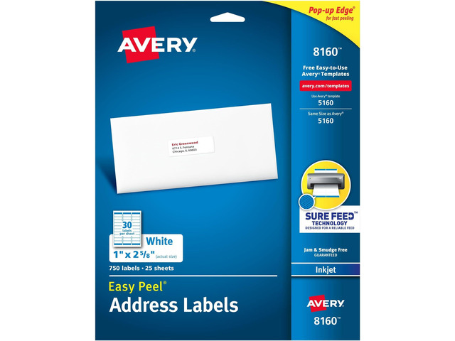 Easy Peel Address Labels, Inkjet Printers, White, Box of 750 Labels (08160), 1' x 2-5/8' (Pack of 5)