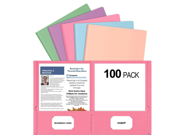 Two Pocket Folders, 100 Pack, Pastel File Folders with Pockets, 5 Colors 2 Pocket Folders, Fit Letter Size Paper, Paper Folders, for School Office,...