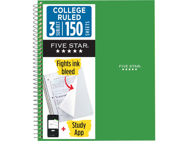 Spiral Notebook + Study App, 3 Subject, College Ruled Paper, Fights Ink Bleed, Water Resistant Cover, 8-1/2' x 11', 150 Sheets, Green (72067) (Pack...