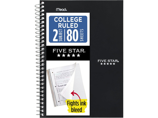 Spiral Notebook, 2 Subject, College Ruled Paper, 6' x 9-1/2', 80 Sheets, Fights Ink Bleed, Water Resistant Cover, Black (840029AA2-ECM), (Pack of 12)