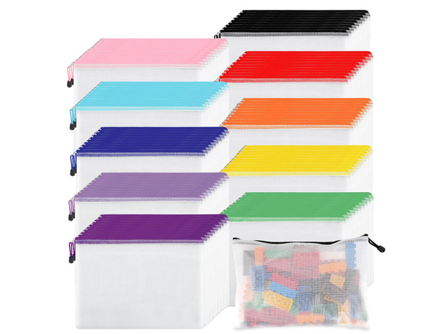 100pcs Mesh Zipper Pouch, A4 Size, 10 Colors Zipper Bags for Organizing Storage, Waterproof Puzzle Bag, Zipper File Bags for Board Games and School...