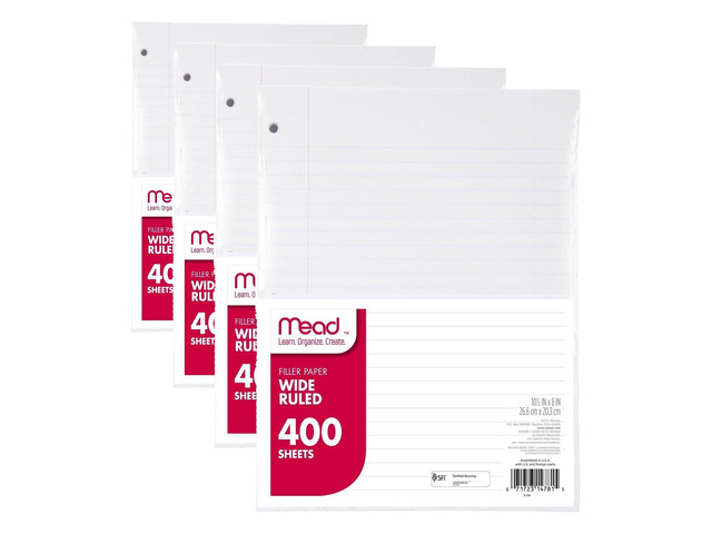 Loose Leaf Paper,Wide Ruled Filler Notebook Paper,8' x 10-1/2',400 Sheets,Fits 3-Ring Binder (150036-ECM),(Pack of 4)