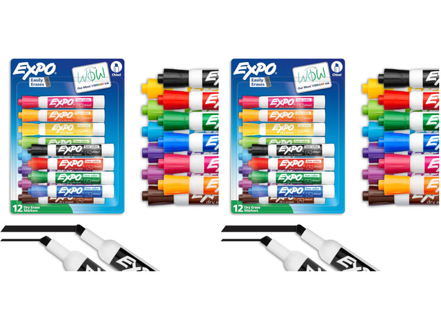 Dry Erase Markers, Low Odor Ink, Assorted Colors, Chisel Tip, (Pack of 24)