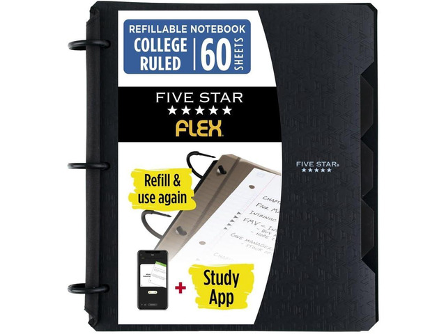 Flex Refillable Notebook + Study App, College Ruled Paper and 1 Inch TechLock Ring Binder with Pockets, Tabs and Dividers, 200 Sheet Capacity,...