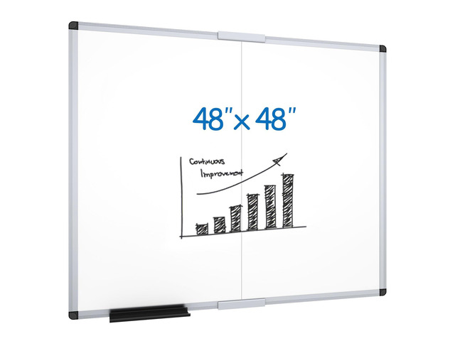 Large Magnetic Dry Erase Whiteboard, 48 x 48 Inches, Foldable Silver Aluminum Frame, 4' x 4' Wall-Mounted White Board with Marker Tray for School...