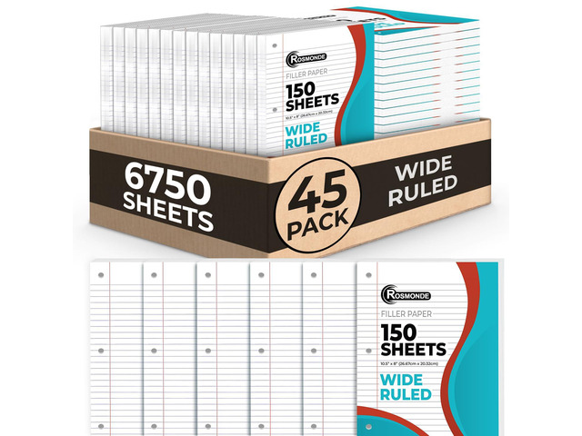 Loose Leaf Paper Bulk, 6750 Sheets, 45 Pack, Wide Ruled Paper Bulk Notebook Paper, 8' x 10.5', 150 Sheets/Pack, Bulk Office Filler Paper, 3 Hole...