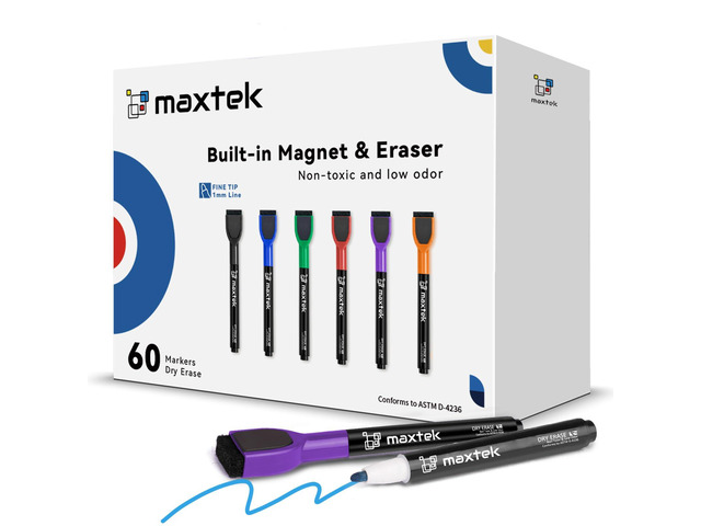 Magnetic Dry Erase Markers, Fine Tip, 6 Colors, 60 Count Low Odor Colorful Whiteboard Markers with Thin Tips for Kids, Calendar Boards and White Board