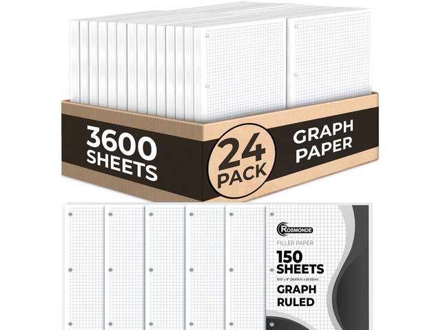3600 Sheets Loose Leaf Paper Bulk, 24 Pack, Graph Ruled Paper Bulk Quad Ruled Sheets, 8' x 10.5', Bulk Notebook Papers, 3 Hole Punched, Graph Ruled...