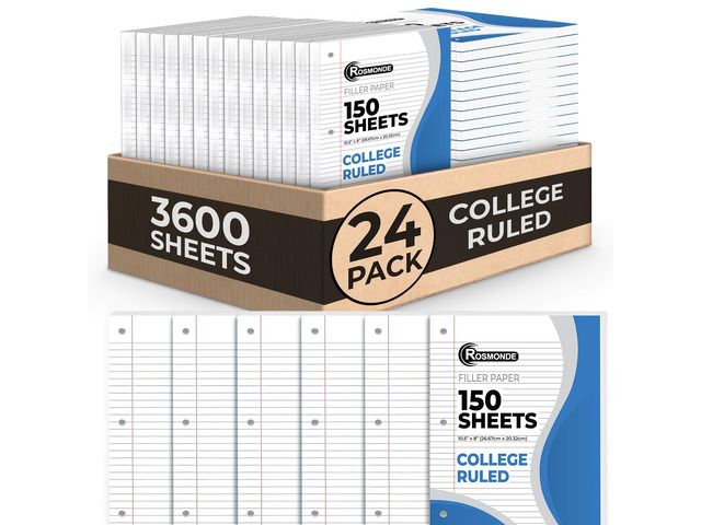 Loose Leaf Paper Bulk, 3600 Sheets, 24 Pack, College Ruled Paper Bulk Notebook Paper, 8' x 10.5', 150 Sheets/Pack, Bulk Office Filler Paper, 3 Hole...