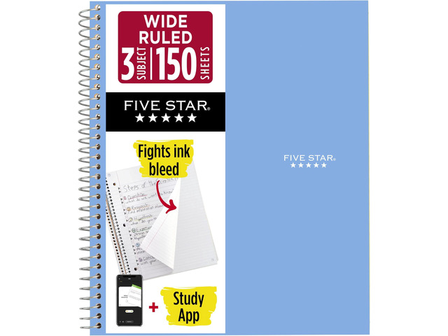 Spiral Notebook, 3 Subject, Wide Ruled 8' x 10-1/2' 150 Sheets Water Resistant Tidewater Blue Pack of 6