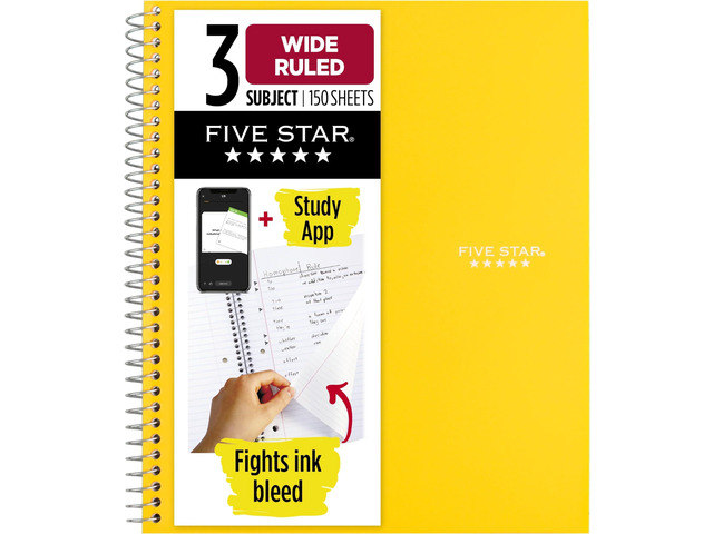 Spiral Notebook + Study App, 3 Subject, Wide Ruled Paper, 8' x 10-1/2', 150 Sheets, Fights Ink Bleed, Water Resistant Cover, Harvest Yellow (73463)...