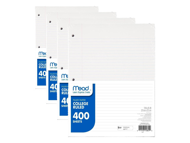 Loose Leaf Paper, College Ruled Filler Notebook Paper, 8-1/2' x 11', 400 Sheets, Fits 3-Ring Binder (170046-ECM) (Pack of 4)
