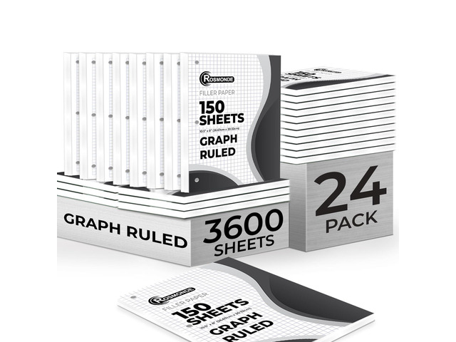 Loose Leaf Paper Bulk, 3600 Sheets, 24 Pack, Graph Ruled Sheets Bulk Graph Paper, 8 x 10.5', 150 Sheets/Pack, 3 Hole Punch, Quad Ruled, Fits...