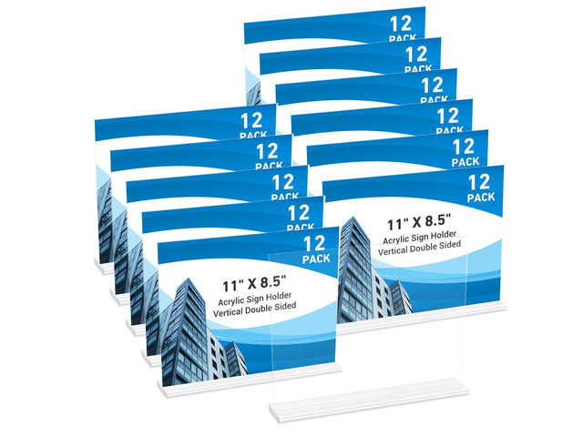 12 Pack Acrylic Sign Holder 11 x 8.5 Horizontal, Double-Sided Clear Sign Holder Plastic Stands for Display, T Shape Acrylic Table Sign Stands for...