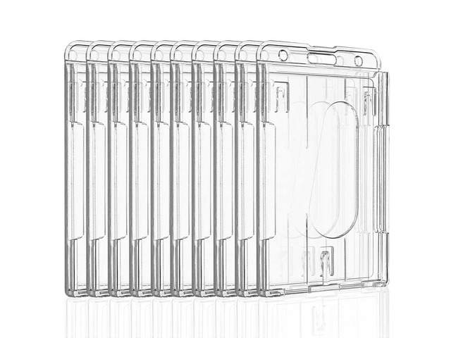 10 Pack Vertical 2-Card Badge Holders for Office IDs Ten rigid transparent vertical holders fit 2 cards each; thumb slots make office IDs and...