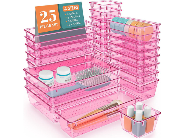 25 PCS Plastic Drawer Organizer Set, Makeup Organizers and Storage Bins 4 Sizes Desk Drawer Divider Organizers and Storage Bins for Jewelry,...