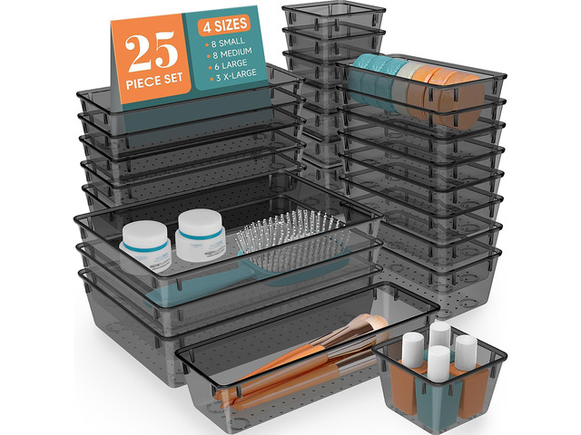 25 PCS Plastic Drawer Organizer Set, Makeup Organizers and Storage Bins 4 Sizes Desk Drawer Divider Organizers and Storage Bins for Jewelry,...