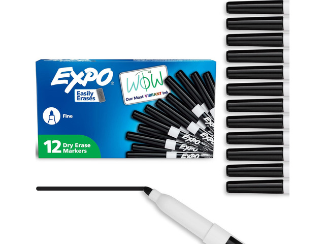 Dry Erase Markers, Low Odor Ink, Black, Fine Tip, 12 Count - Whiteboard, Calendar, Organization, Essential Supplies for Office, School, Classroom,...