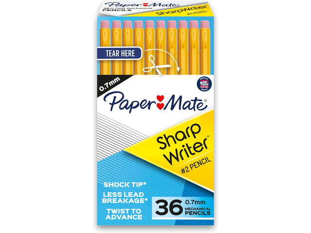 SharpWriter Mechanical Pencils Yellow 0.7 mm Shock-Absorbing Tip Twistable Tip No Sharpening Needed 36 Count, Pack of 6