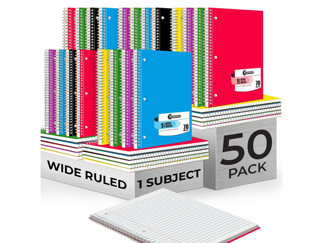 50 Pack, 1 Subject Spiral Notebook Wide Ruled Bulk, 70 Sheets Bulk Subject Notebooks, 140 Pages, 8 x 10-1/2', 3 Hole Punched, Thick No-Bleed Paper,...