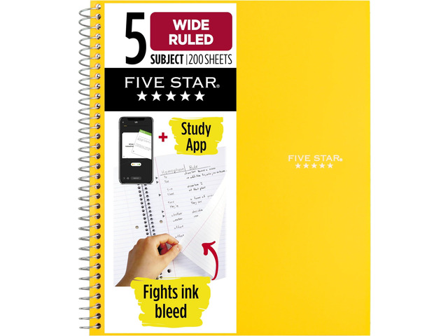 Spiral Notebook + Study App, 5 Subject, Wide Ruled Paper, 8' x 10-1/2', 200 Sheets, Fights Ink Bleed, Water Resistant Cover, Harvest Yellow (73469)...