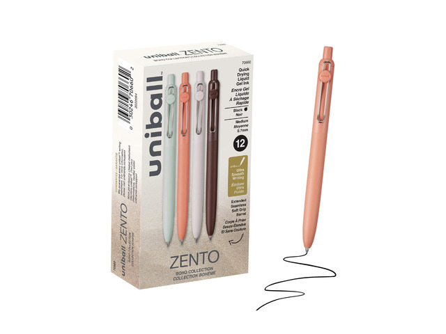 uniball Zento Gel Pens, Black Ink, 0.7mm Medium Point, 12 Count Retractable, Smooth Writing, Quick-Drying, No Smear, No Bleed, Boho Barrel Colors