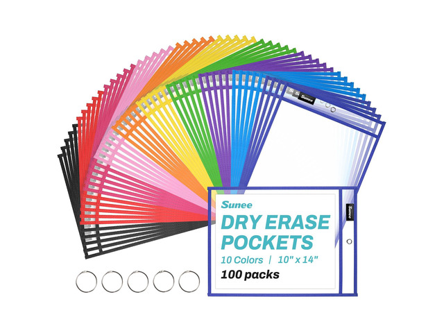 100 Packs Oversized Reusable Dry Erase Pocket Sleeves with 5 Rings, 10 Assorted Colors 10x14 Ticket Holders, Clear Plastic Sheet Protectors,...