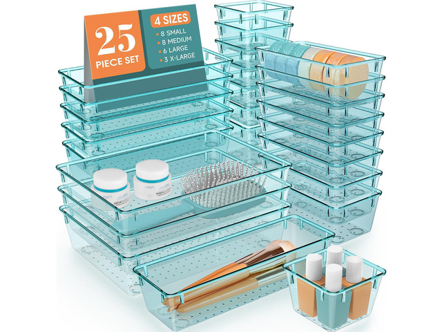 25 PCS Clear Plastic Drawer Organizer, Makeup Organizers and Storage Bins 4 Sizes Desk Drawer Divider Organizers and Storage Bins for Jewelry,...