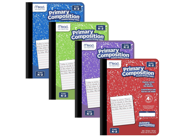 Primary Composition Book, 4 Pack, Primary Ruled Journal, Grades K-2, 7-1/2' x 9-3/4', 100 Sheets per Comp Book, Assorted Colors (610053-ECM)