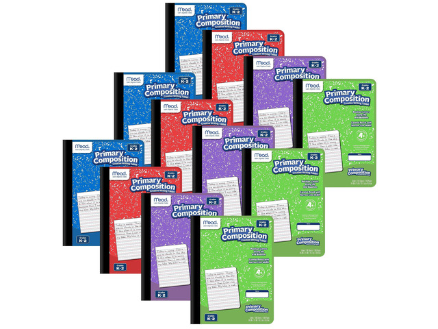 Primary Composition Book, Primary Ruled Journal, Grades K-2, 7-1/2' x 9-3/4', 100 Sheets per Comp Book, Colors Will Vary, 12 Pack (610054-ECM)