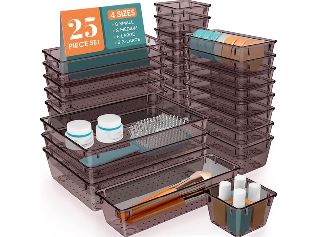 25 PCS Plastic Drawer Organizer Set, Makeup Organizers and Storage Bins 4 Sizes Desk Drawer Divider Organizers and Storage Bins for Jewelry,...