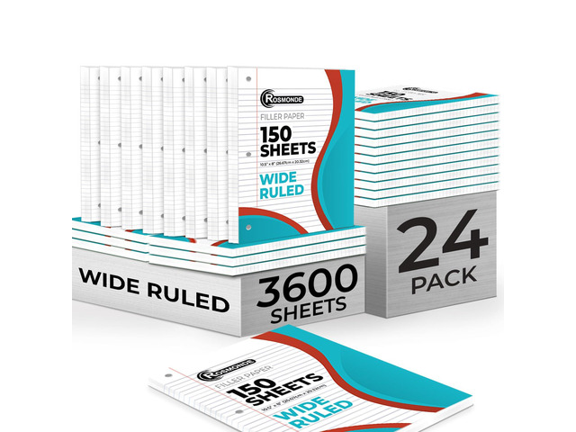 3600 Sheets Loose Leaf Paper Bulk, 24 Pack, Wide Ruled Paper Bulk Notebook Paper, 8' x 10.5', 150 Sheets/Pack, Bulk Office Filler Paper, 3 Hole...
