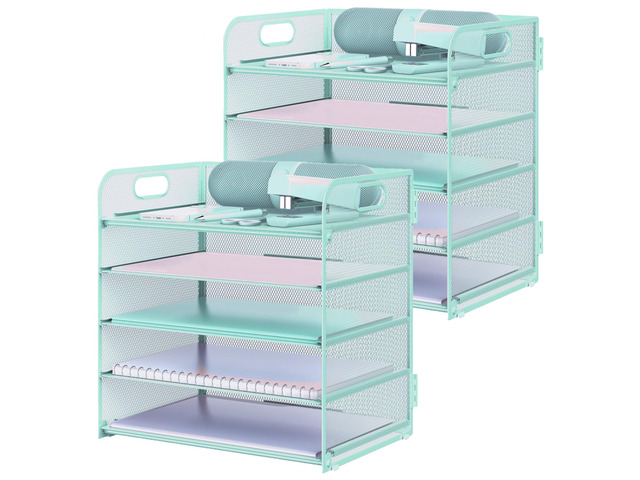 2 Pack Letter Tray Paper Organizer 5-Tier Desk Organizer File Organizer Paper Holder with Handle, Metal Desktop Document Shelf Tray Office...