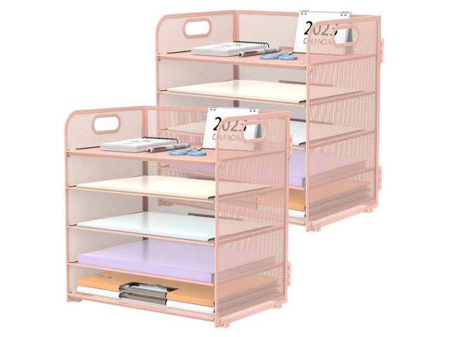 2 Pack 5-Tier Pink Desk Organizer with Handle Mesh Desk File/Paper Organizer Letter Tray for Office, School, Classroom and Home Easy Installation