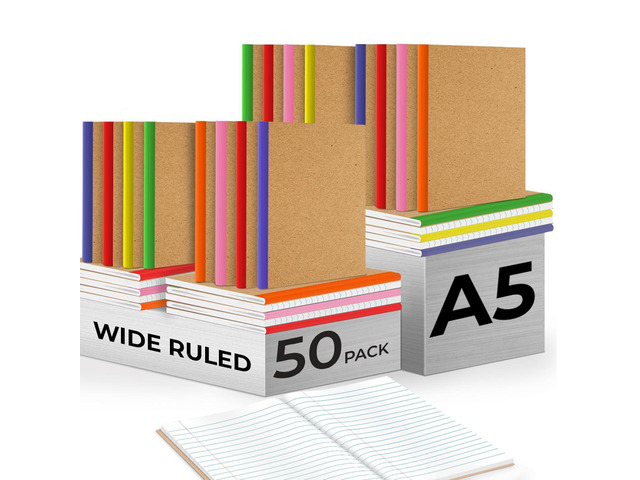 Bulk A5 Kraft Journals, 50 Pack, Wide Ruled, 60 Sheets (120 Pages) Kraft Notebook, 8 x 5.7', Bulk Journal Notebook A5, Bulk Composition Notebooks,...