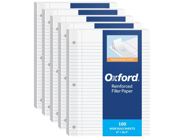 Reinforced Lined Loose Leaf Notebook Paper, Wide Rule, 500 Sheets Plastic-reinforced strip guards the 3 holes from tearing. Five 100-sheet packs,...