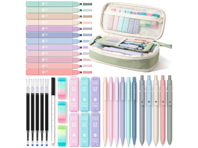 School Supplies with Cute Pencil Case, 39ct, Green Back to School Stationery Set, Essentials for College & Nursing Students, 5 Gel Pens, 6...