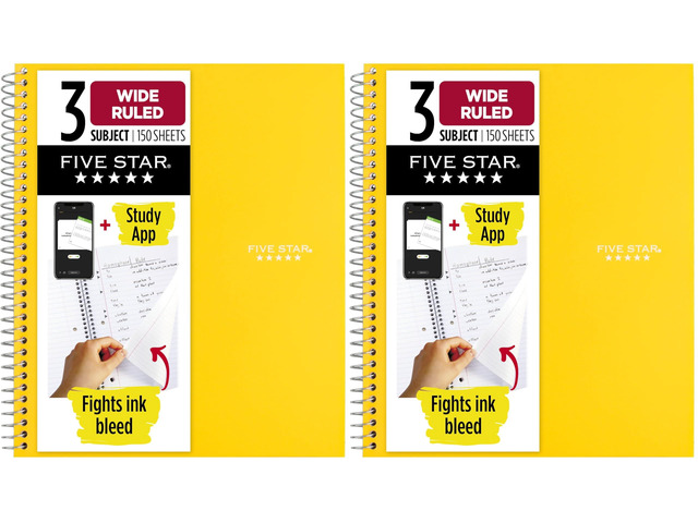 Spiral Notebook, 3 Subject, Wide Ruled, 150 Sheets 10-1/2' x 8' Size Harvest Yellow Pack of 2 Study App