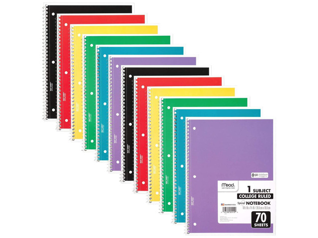 Spiral Notebook, 12 Pack, 1 Subject, College Ruled Paper, 7-1/2' x 10-1/2', 70 Sheets per Notebook, Colors Will Vary (830063-ECM25)