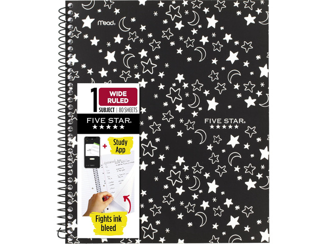 Spiral Notebook + Study App, 1 Subject, Wide Ruled, 8' x 10-1/2', 80 Sheets, Fights Ink Bleed, Water Resistant Cover, Black Stars Glow in the Dark...