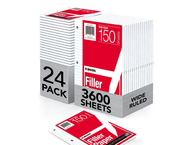 Notebook Paper USA-Made Loose Leaf Paper, 24 Pack 3600 Sheets 8'x10.5' Wide Ruled - 3-Hole Punched Bulk Filler Paper for 3-Ring Binder, 150...