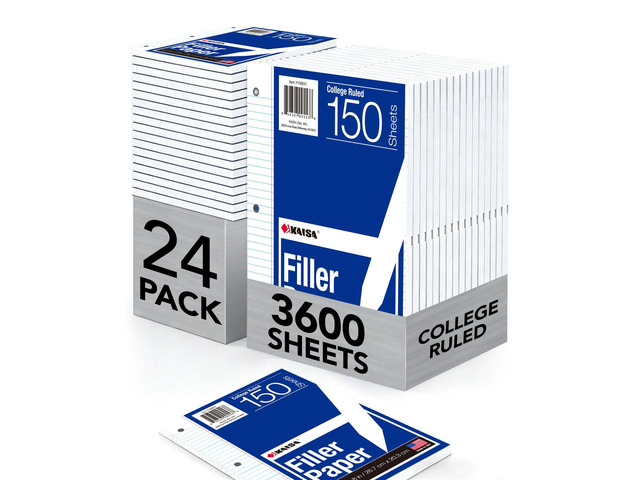 Notebook Paper USA-Made Loose Leaf Paper, 24 Pack 3600 Sheets 8'x10.5' College Ruled - 3-Hole Punched Bulk Filler Paper for 3-Ring Binder, 150...