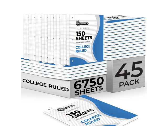 6750 Sheets Loose Leaf Paper Bulk, 45 Pack, College Ruled Paper Bulk Notebook Paper, 8' x 10.5', 150 Sheets/Pack, Bulk Office Filler Paper, 3 Hole...