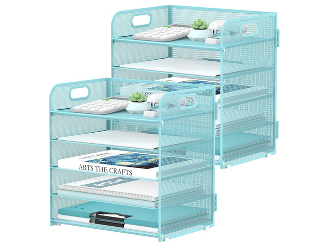 2 Pack 5-Tier Blue Desk Organizer with Handle Mesh Desk File/Paper Organizer Letter Tray for Office, School and Home Easy Installation