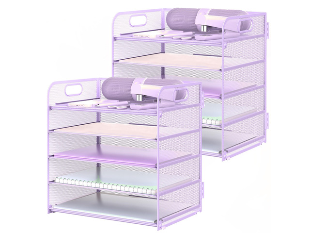 2 Pack Letter Tray Paper Organizer 5-Tier Desk Organizer File Organizer Paper Holder with Handle, Metal Desktop Document Shelf Tray Office...
