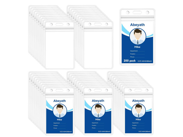 200 Pack Extra Thick ID Badge Holder Vertical Clear ID Card Holder with Waterproof Resealable Zip Name Tag Holder for Nurses, School and Office...